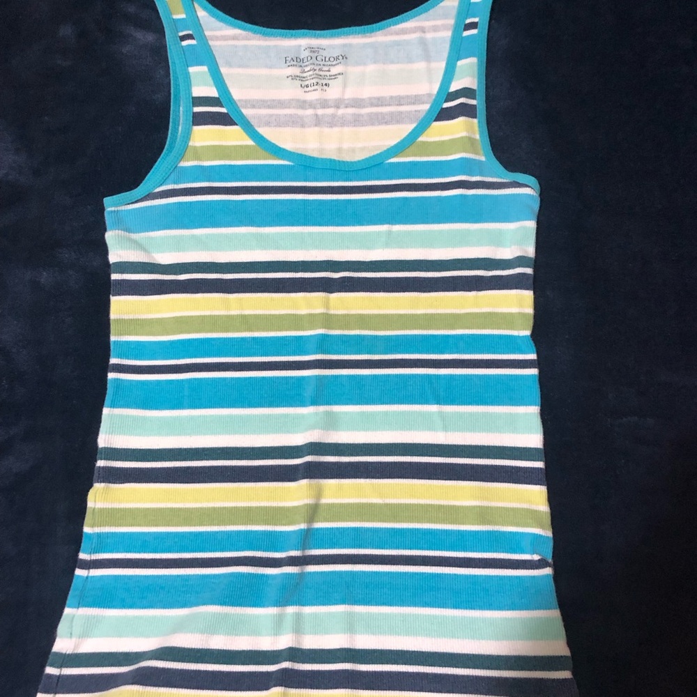 Faded Glory Striped Ribbed Tank Top - Blue Green White - Size Large